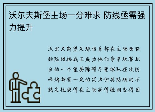 沃尔夫斯堡主场一分难求 防线亟需强力提升