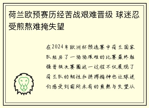 荷兰欧预赛历经苦战艰难晋级 球迷忍受煎熬难掩失望