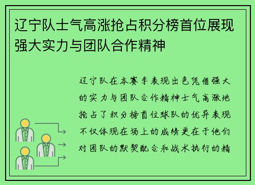 辽宁队士气高涨抢占积分榜首位展现强大实力与团队合作精神