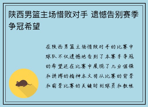 陕西男篮主场惜败对手 遗憾告别赛季争冠希望