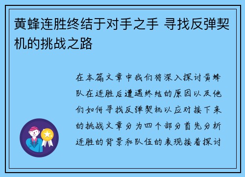 黄蜂连胜终结于对手之手 寻找反弹契机的挑战之路